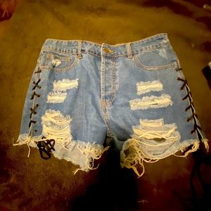 Forever 21 High Waist Lace Up Detail Jean Shorts